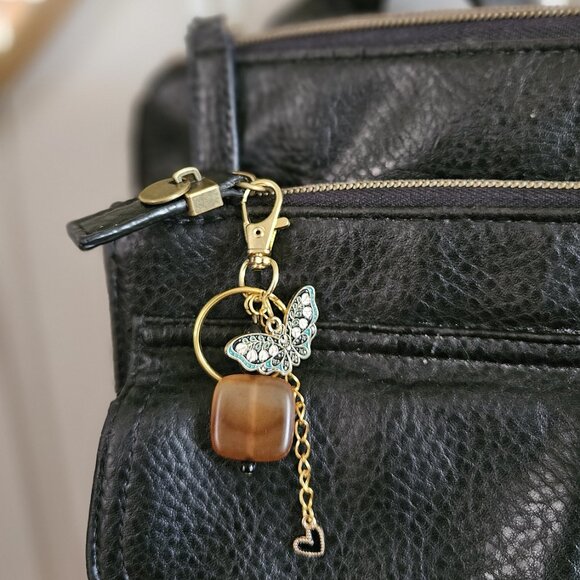 Brown Stone Beaded Keychain with Enamel Butterfly and Black Heart Charm - Picture 4 of 8